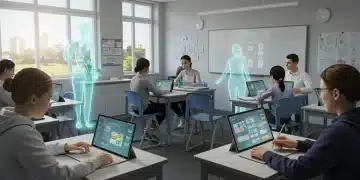 Personalized Learning Pathways: Implementing AI-Driven Curriculum in 2025 Students interacting with AI-powered personalized learning systems in a modern classroom, showcasing future education technology.