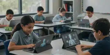 Students learning with AI-powered tutoring systems in a modern classroom, showcasing personalized education technology.