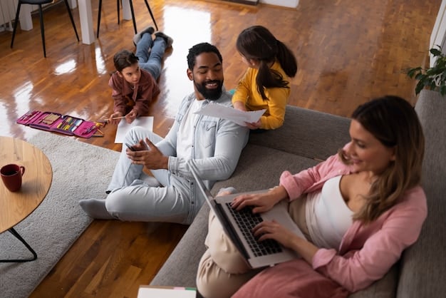 A family using various bundled services at home, such as a phone, laptop, and smart TV, illustrating integrated services.