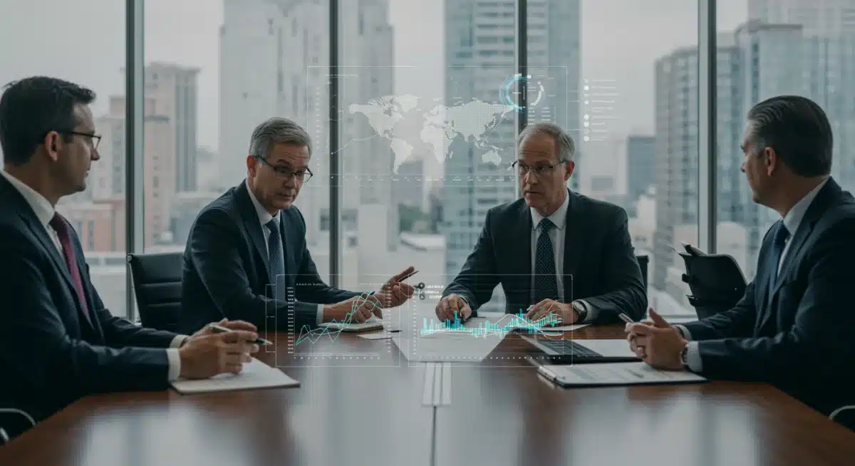 US business leaders analyzing data and strategies for submarine cable investments and their financial returns.