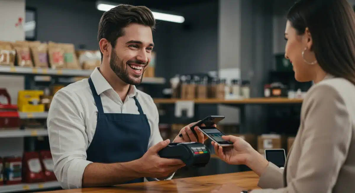Business owner accepting digital payment via mobile device, enhancing customer experience.