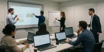 Professionals engaging in interactive corporate upskilling training session in 2025
