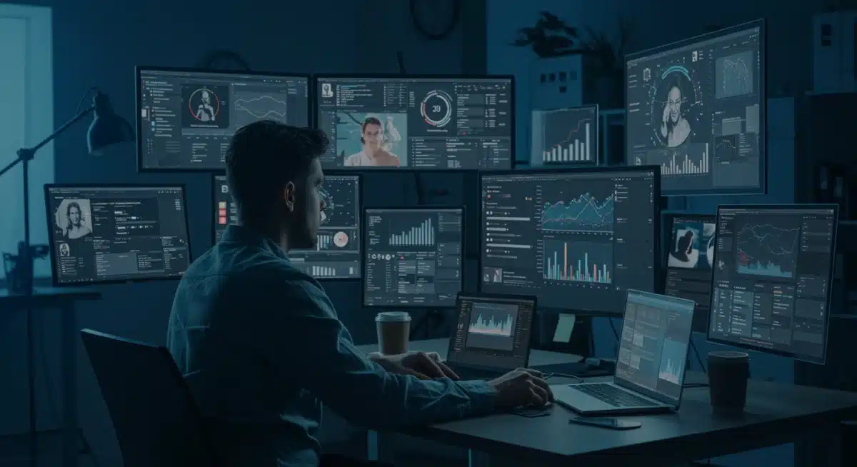 Creator analyzing data and planning content strategy on multiple screens.