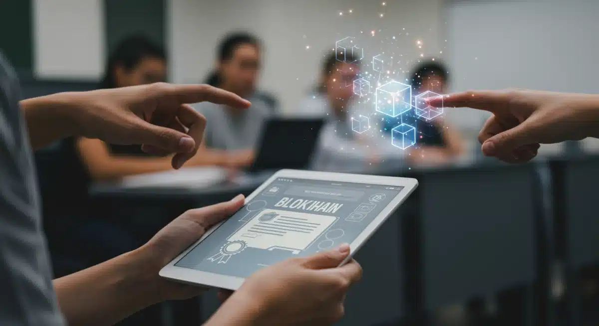 Digital blockchain certificate displayed on a tablet in an educational setting