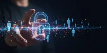 Digital data privacy lock with flowing data streams and abstract user figures