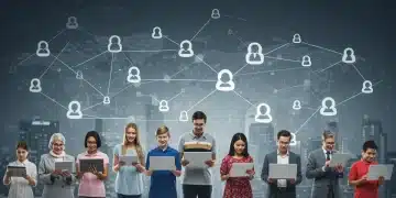 People of diverse ages and backgrounds using digital devices, representing digital access and inequality.