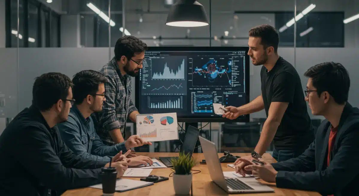 Entrepreneurs analyzing data in a co-working space, reflecting gaming's business impact.