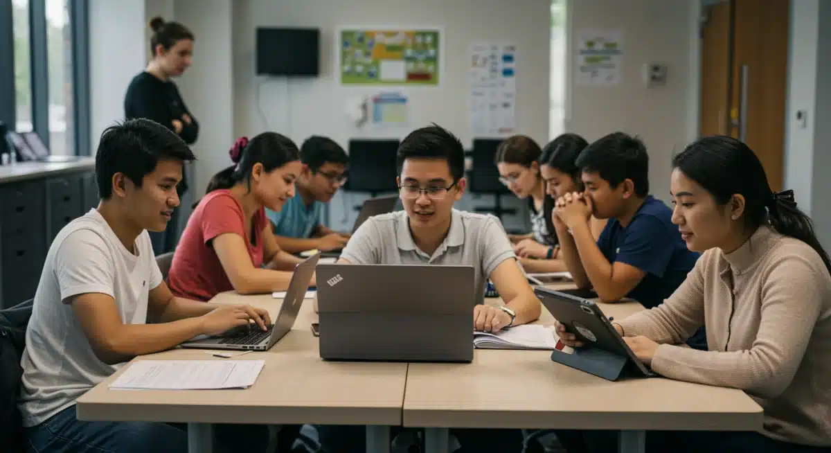Diverse students learning with digital devices in a community center, highlighting digital literacy efforts.