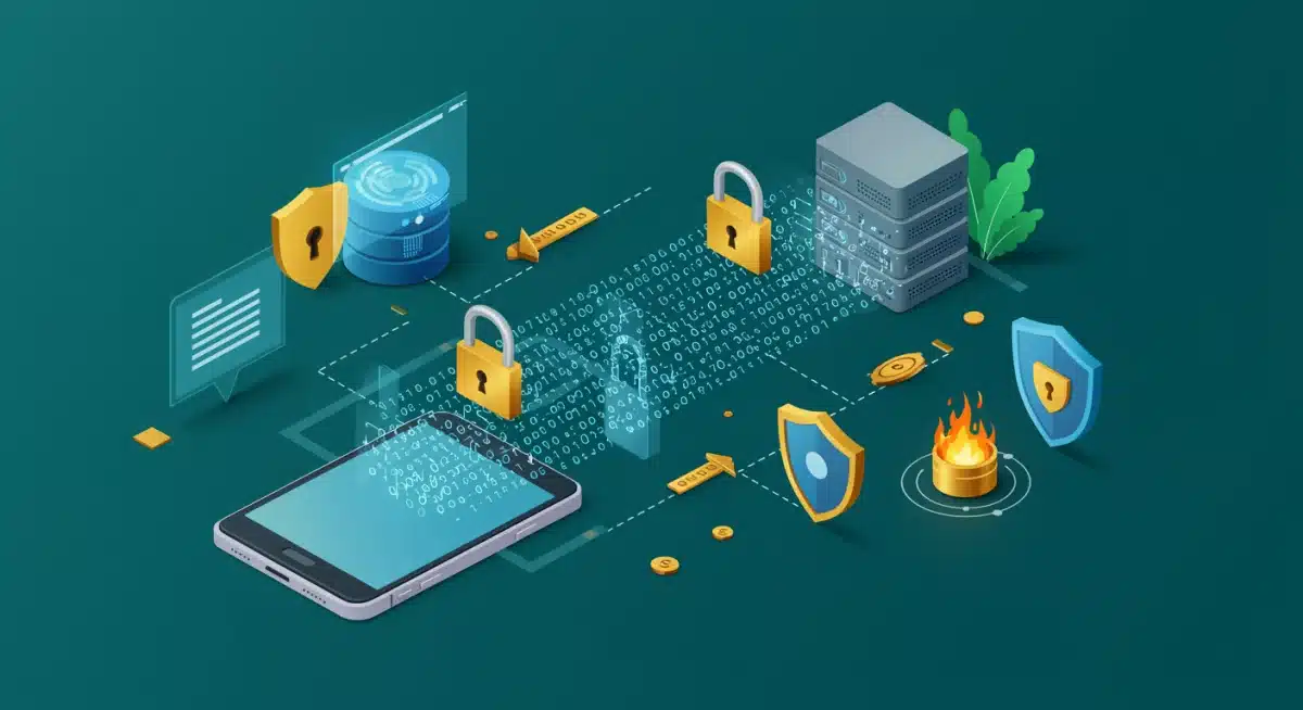 Secure digital transaction flow with encryption and cybersecurity symbols, highlighting data protection.