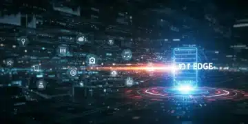 Futuristic network showing IoT devices connecting to an edge computing server for rapid data processing.