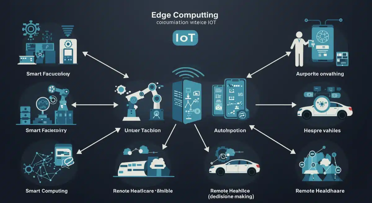 Diagram illustrating diverse applications of edge computing and IoT, including smart factories and autonomous vehicles.