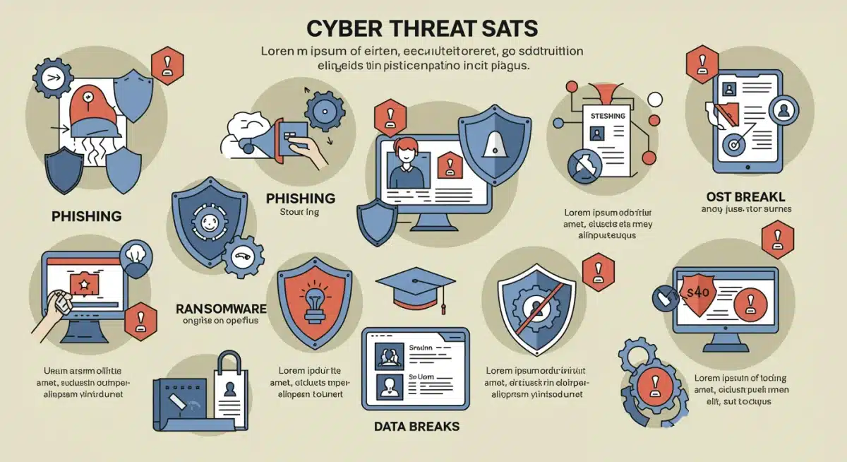 Infographic showing common cyber threats in education and protective measures.