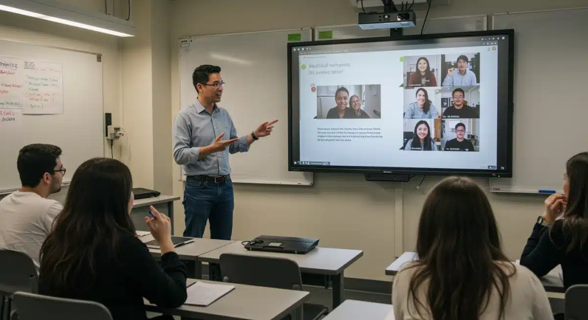 Educator facilitating an engaging hybrid learning session with interactive displays
