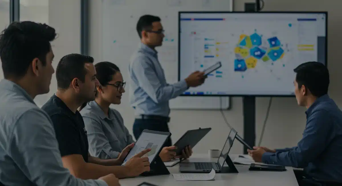 Employees actively participating in a digital tool training session, enhancing skills