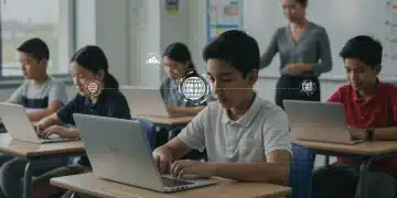 Students engaged with digital devices in an inclusive classroom, symbolizing equitable education access.