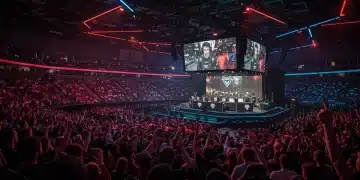 E-sports & Digital Economy: Gaming's Business & Culture Shift Dynamic E-sports arena with cheering crowd and professional gamers competing.
