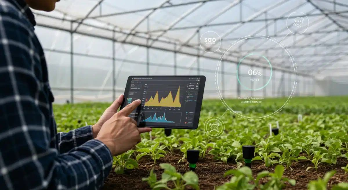 Farmer monitoring IoT sensor data on tablet in greenhouse