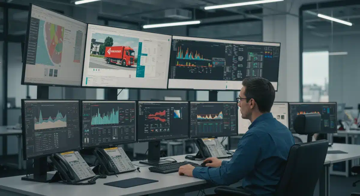 Fleet manager analyzing fuel cost reduction data on multiple monitors