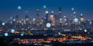 Futuristic cityscape with glowing data lines, symbolizing LPWAN's role in smart IoT infrastructure.