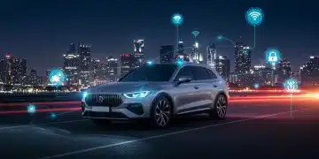 Connected Cars: IoT Advancements Driving Safety & Efficiency by 2025 Futuristic connected car with V2X communication and IoT sensors on a smart city road, symbolizing advanced safety and efficiency.