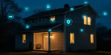 Futuristic smart home with glowing security network and integrated IoT devices at dusk, symbolizing advanced protection in 2025.