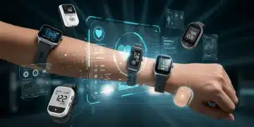 Futuristic wearable IoT devices monitoring personal health data in 2025