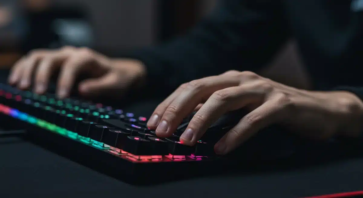 Gamer's hands on high-tech keyboard and mouse during E-sports competition.