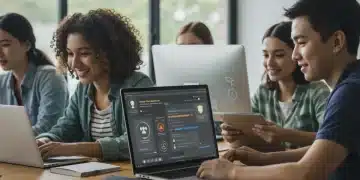 Students engaged in gamified online learning with progress bars and badges