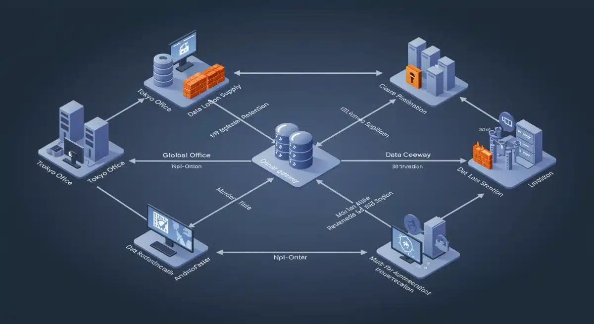 Network diagram showing secure global VPN architecture with robust compliance measures.