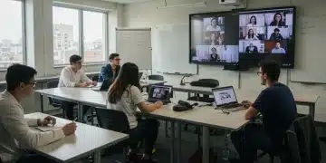 Hybrid Learning Models in Higher Ed: 2025 Updates Students collaborating in a modern hybrid university classroom