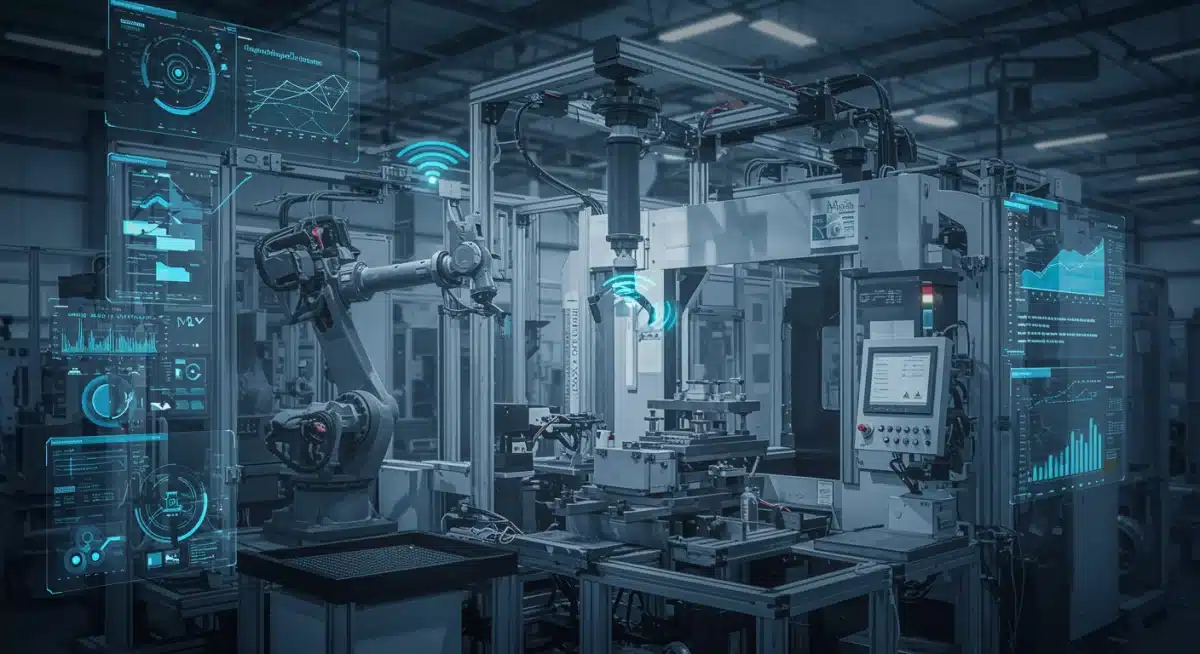 Industrial IoT factory floor with robots and data displays, showcasing operational efficiency