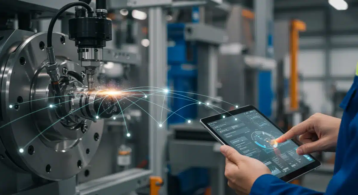Industrial IoT sensor on machinery transmitting data to a technician's tablet for real-time predictive analysis.