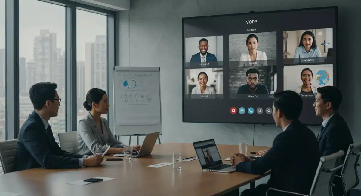 Business team collaborating internationally using VoIP video conferencing