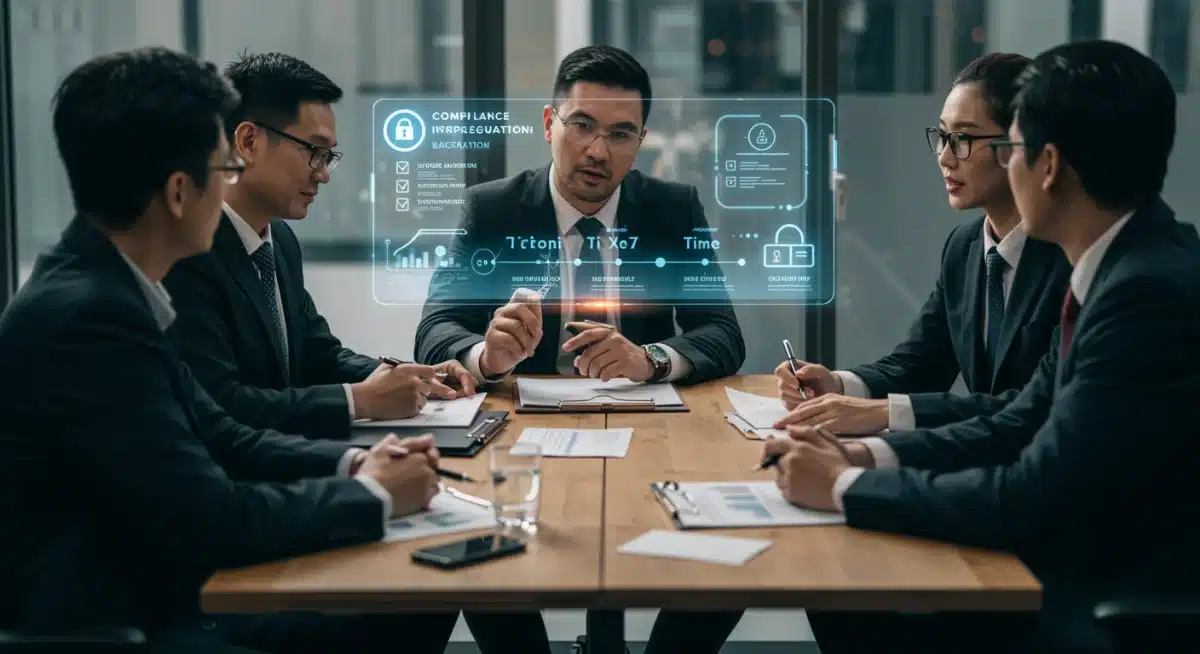 Business leaders discussing IoT compliance strategy and regulatory timeline