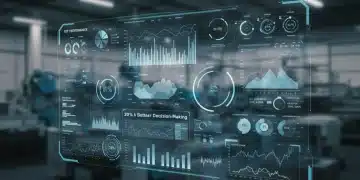 Holographic interface showing IoT data analytics with real-time sensor information and decision-making metrics.