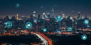IoT's Economic Impact: $1.5 Trillion Boost by 2030 Futuristic city with glowing data lines, illustrating the global economic impact of IoT
