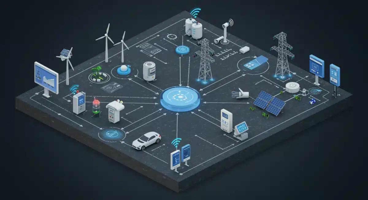 Close-up of IoT sensors and smart meters on power lines, collecting data for grid optimization.