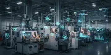 Predictive Maintenance with IoT: Saving US Businesses 15% Annually Factory floor with IoT sensors monitoring machinery for predictive maintenance, showing data dashboards and cost savings.