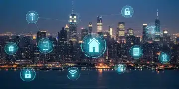 IoT Regulations 2025: US Business Compliance Guide Futuristic IoT devices with digital security and regulatory documents
