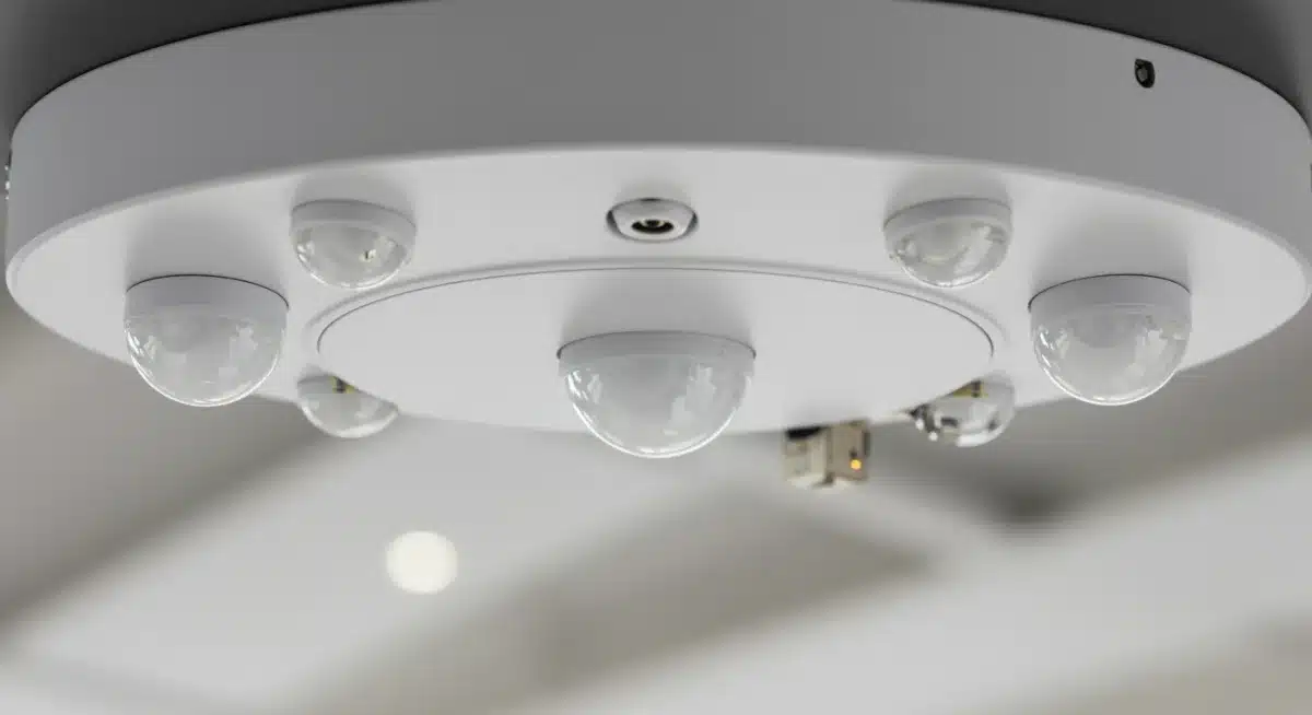 Close-up of smart lighting fixture with integrated IoT sensors for motion and light.