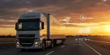 Modern logistics truck with IoT telematics displaying fuel efficiency savings on dashboard