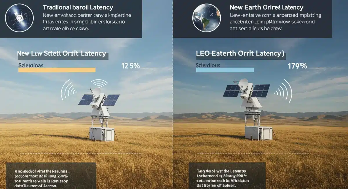 Infographic comparing traditional satellite latency with new LEO satellite internet latency improvements for rural users.