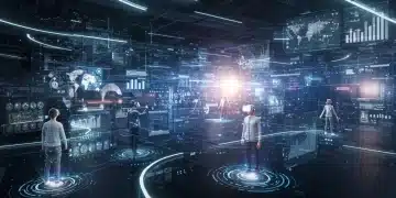 Metaverse landscape with interconnected digital entities and business interfaces.