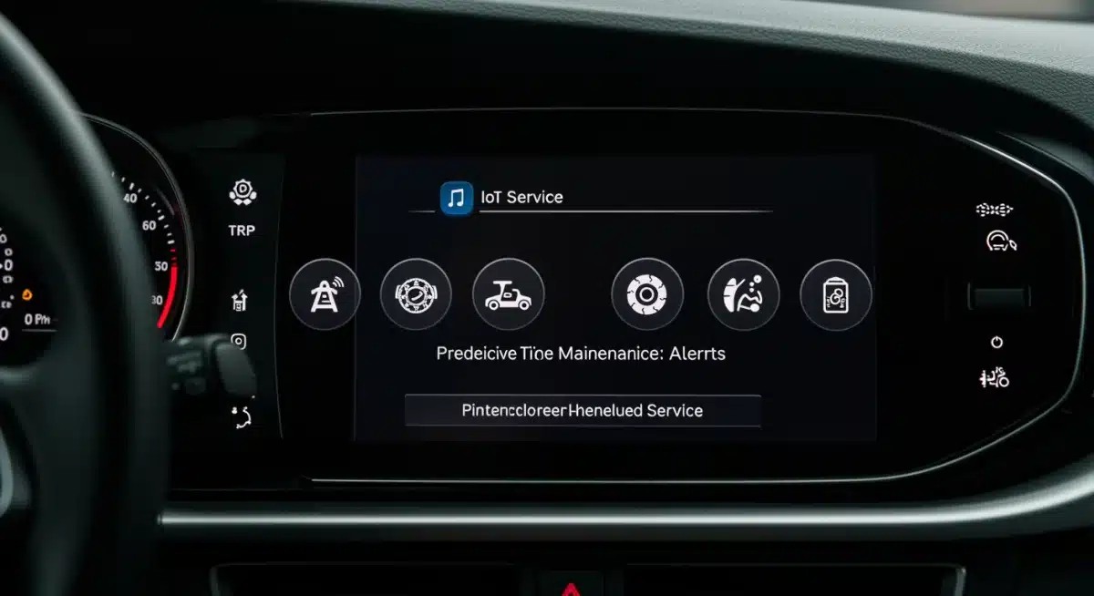 In-car dashboard displaying predictive maintenance alerts for engine, tires, and brakes, emphasizing IoT's role in vehicle health.