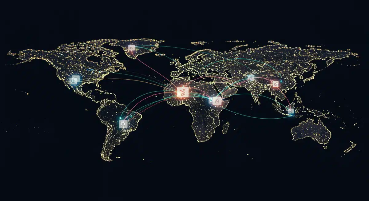 Data flow in quantum-integrated global networks.