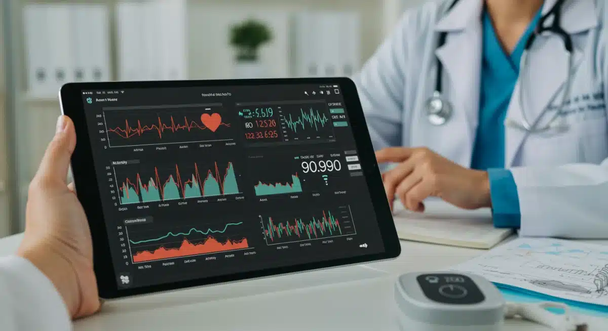 Doctor reviewing remote patient monitoring data on a tablet