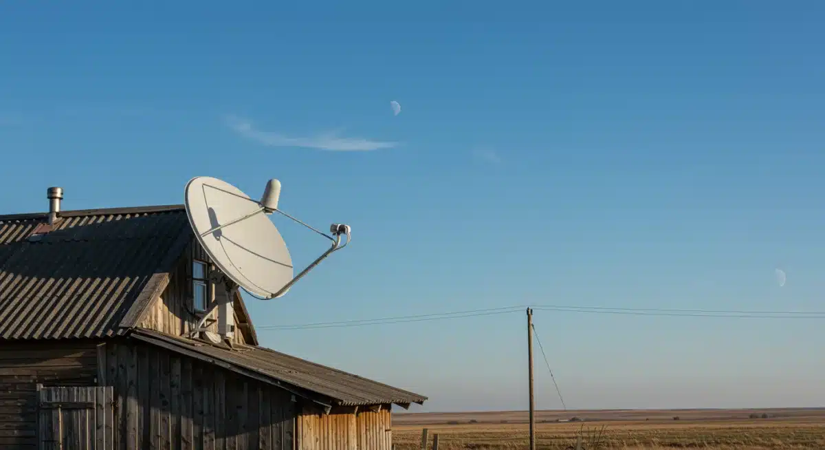 Satellite dish on a rural home, illustrating the challenge of rural broadband access.