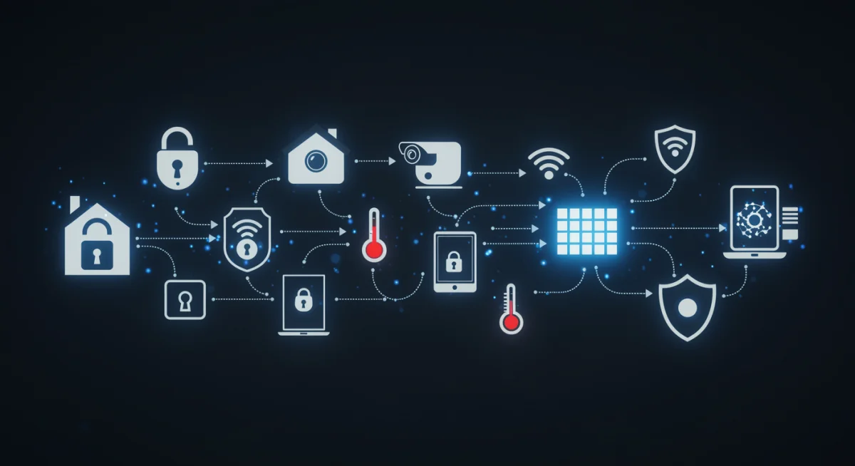 Secure data flow between smart home devices with encryption and privacy shield icons.