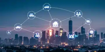 The Sharing Economy: Opportunities & Challenges for US Businesses Illustration of sharing economy services with interconnected icons over a city skyline.