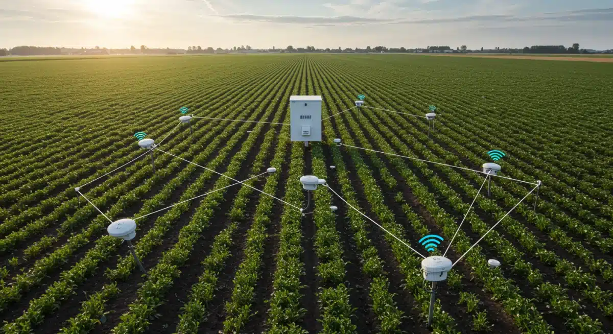 Smart agricultural sensors in a field transmitting data, showcasing LPWAN wide-area coverage.
